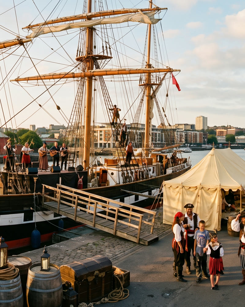 Families crossing the gangway to board the Sultana for the walk-through ship experience